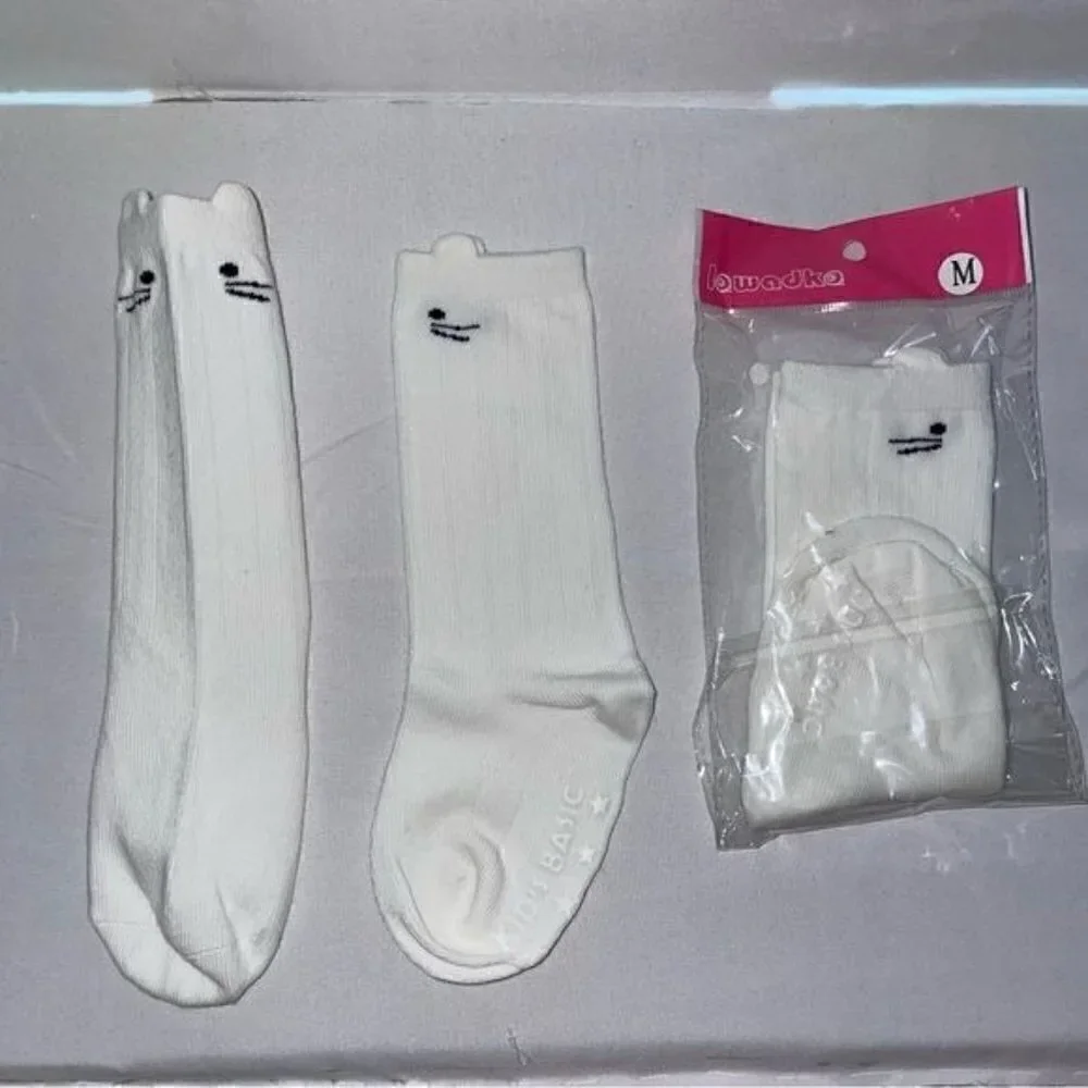 Non-Slip Bottoms Toddler Baby Socks Knee Length Grip Cat Face Whiskers pull on